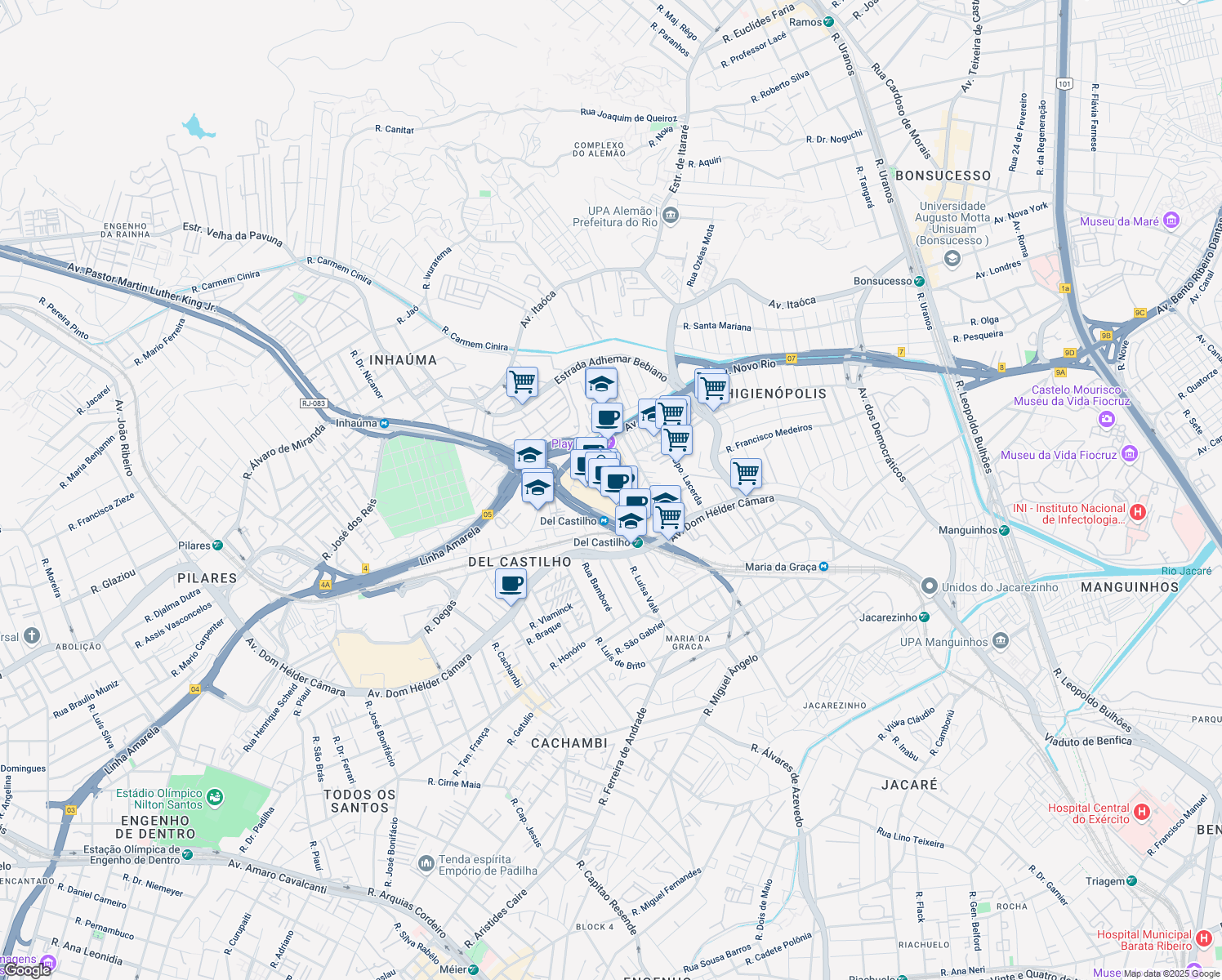 map of restaurants, bars, coffee shops, grocery stores, and more near 126 Avenida Pastor Martin Luther King Júnior in Rio de Janeiro
