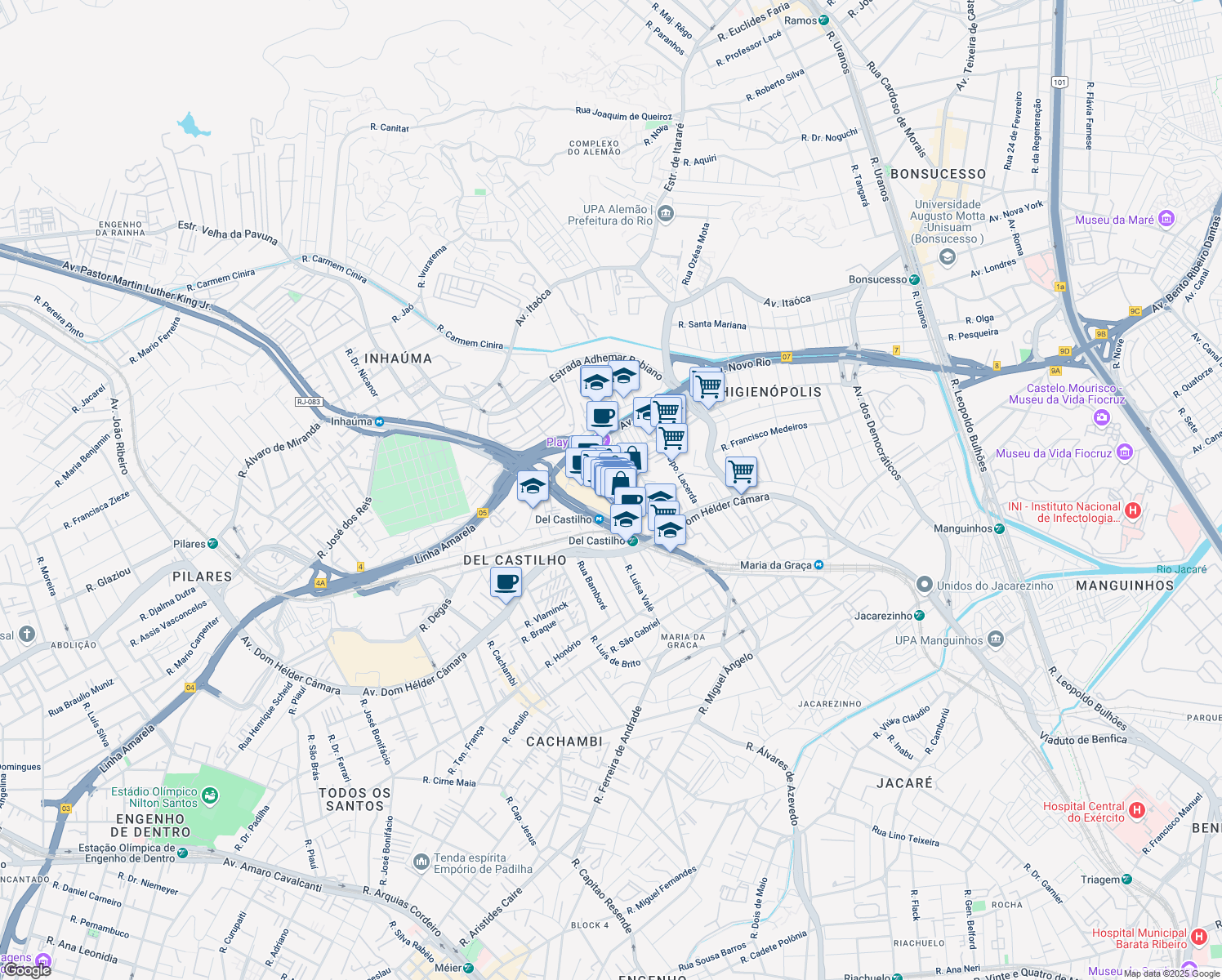 map of restaurants, bars, coffee shops, grocery stores, and more near 126 Avenida Pastor Martin Luther King Júnior in Rio de Janeiro