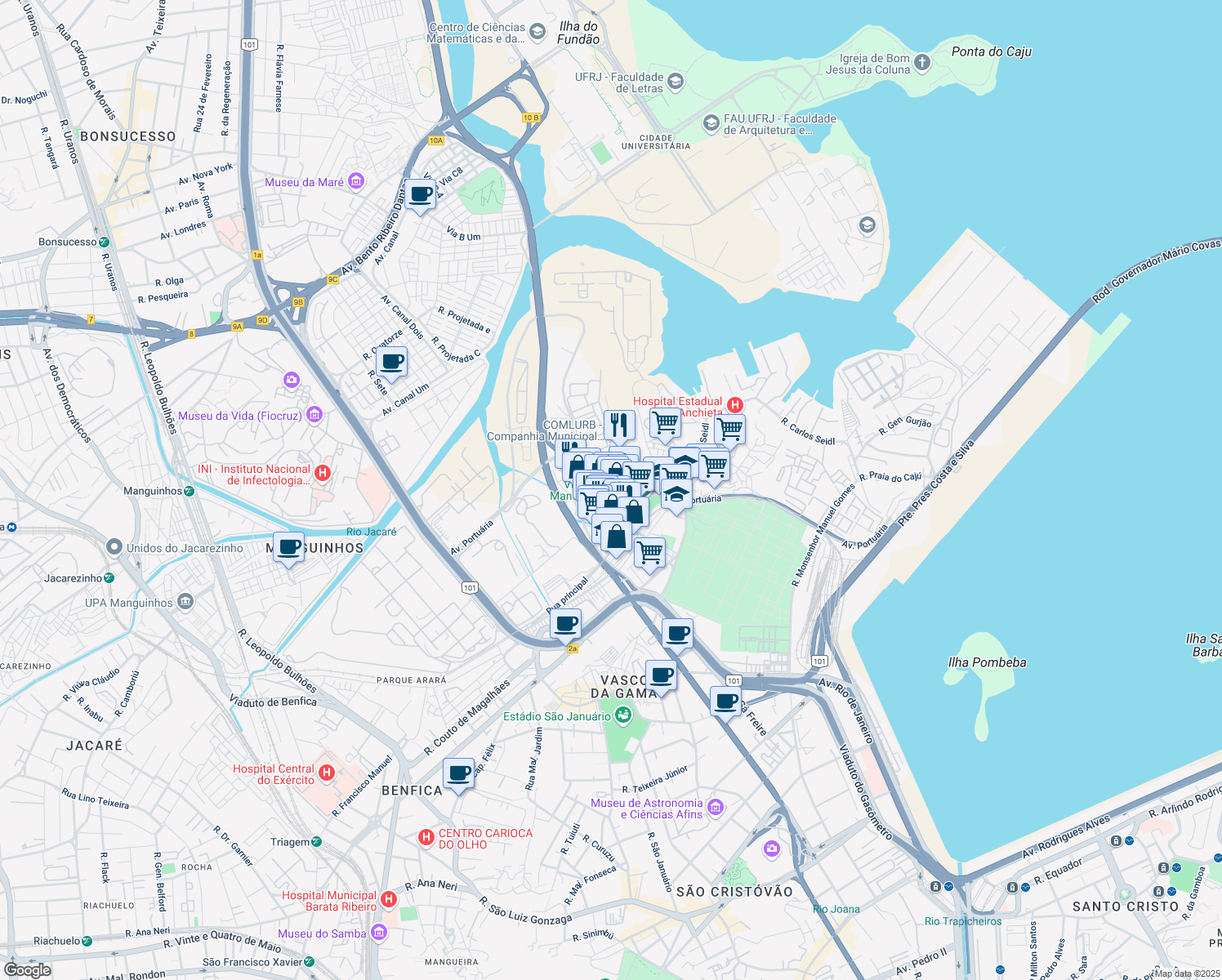 map of restaurants, bars, coffee shops, grocery stores, and more near 2-158 Rua da Alegria in Rio de Janeiro