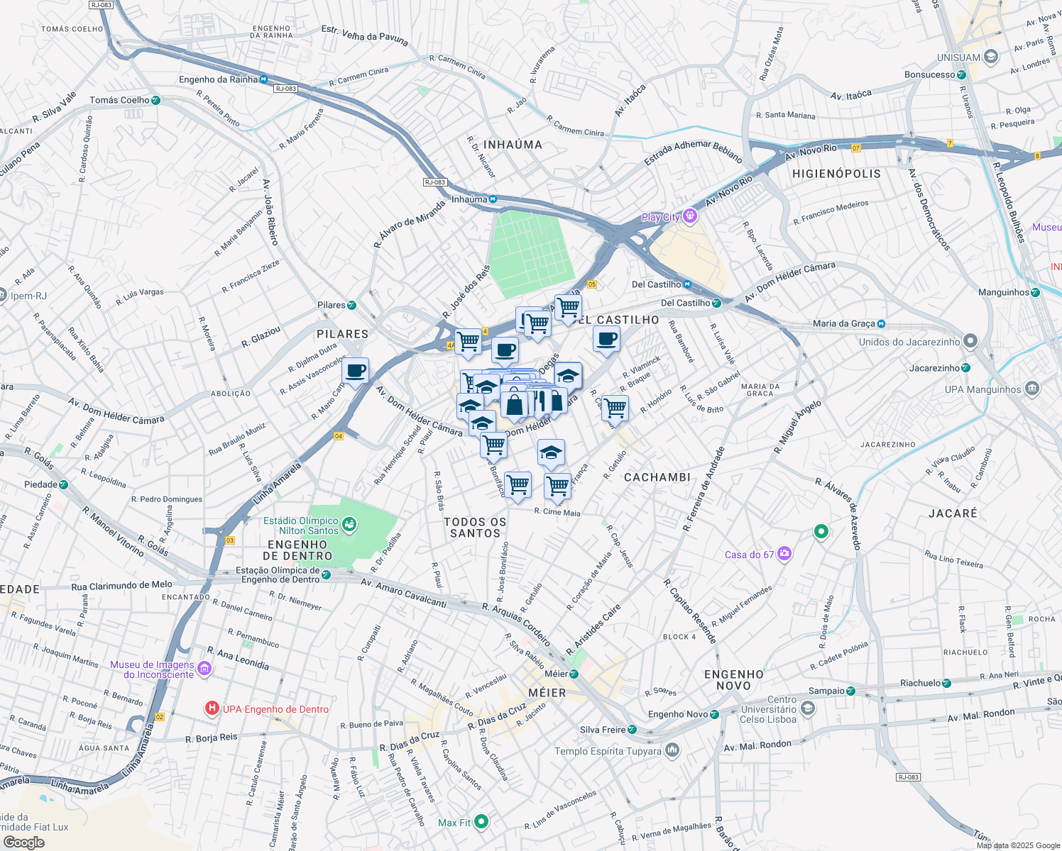 map of restaurants, bars, coffee shops, grocery stores, and more near 5123 Avenida Dom Hélder Câmara in Rio de Janeiro