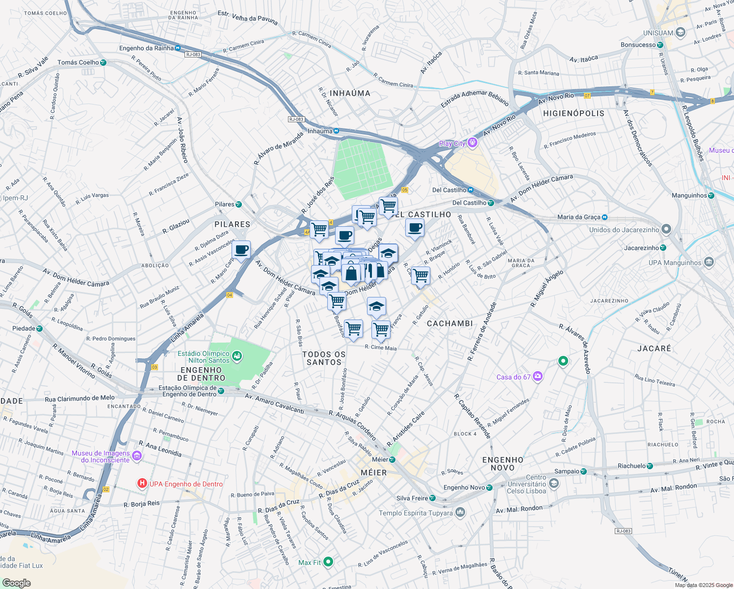 map of restaurants, bars, coffee shops, grocery stores, and more near 5123 Avenida Dom Hélder Câmara in Rio de Janeiro