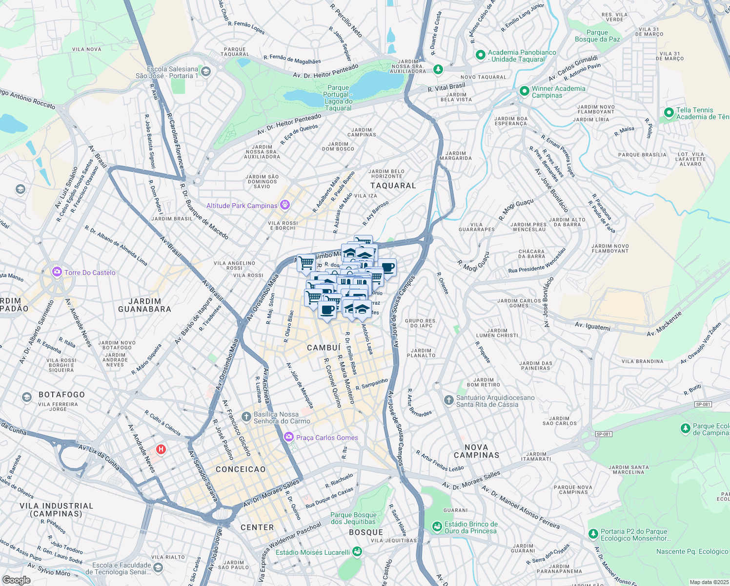 map of restaurants, bars, coffee shops, grocery stores, and more near 1080 Rua Antônio Lapa in Campinas