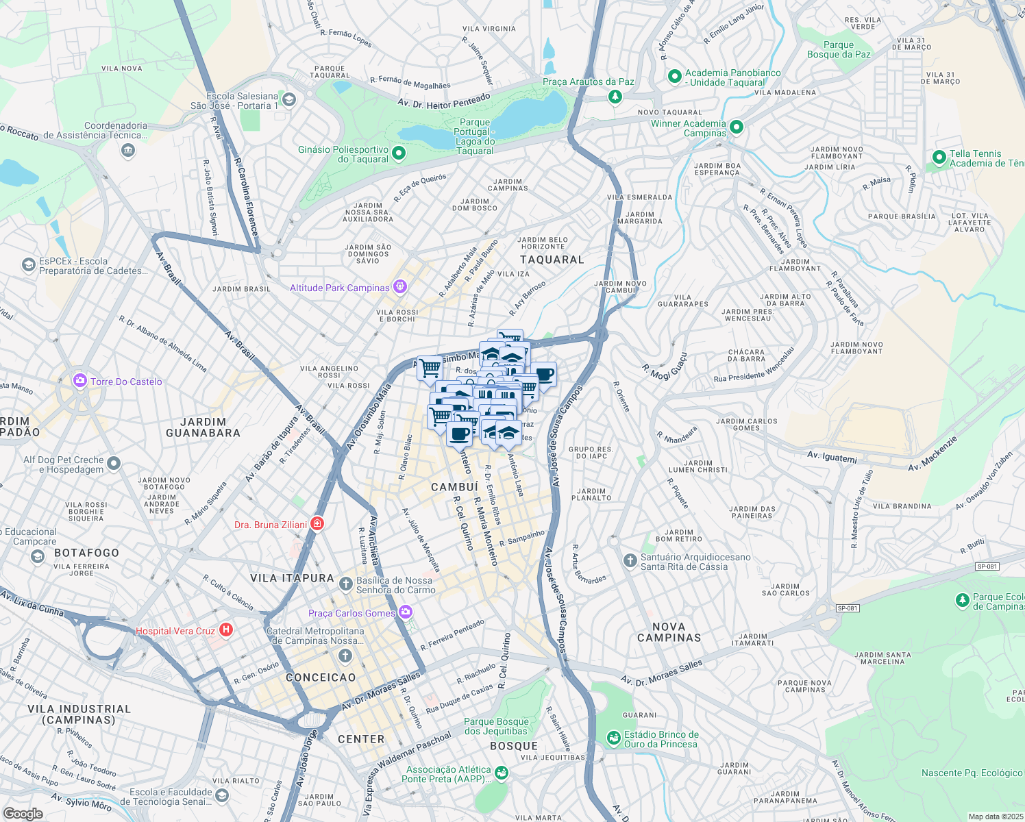 map of restaurants, bars, coffee shops, grocery stores, and more near 1080 Rua Antônio Lapa in Campinas