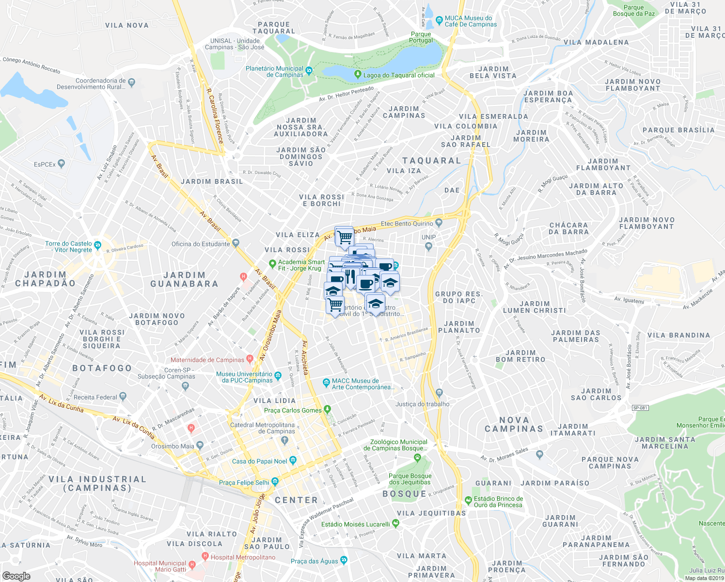 map of restaurants, bars, coffee shops, grocery stores, and more near 613 Rua Santos Dumont in Campinas