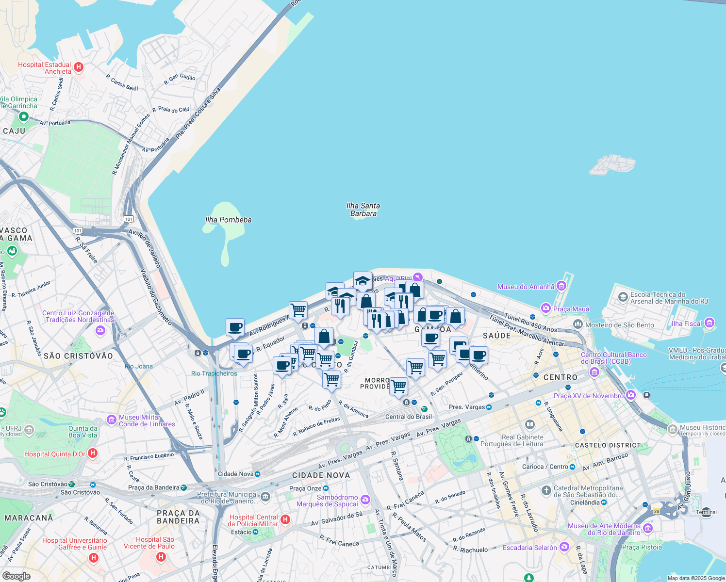 map of restaurants, bars, coffee shops, grocery stores, and more near 2000 Avenida Oscar Niemeyer in Rio de Janeiro