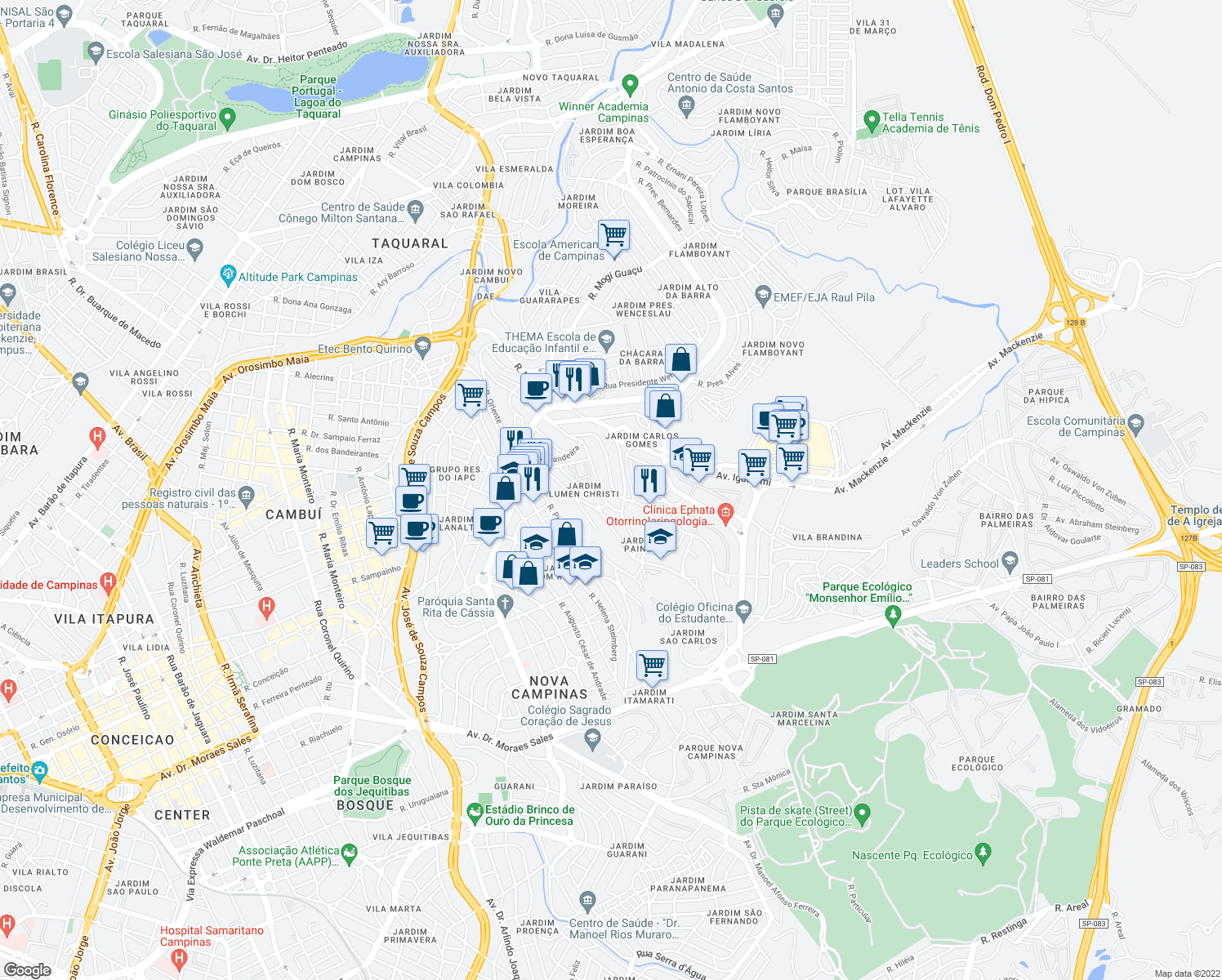 map of restaurants, bars, coffee shops, grocery stores, and more near 450 Rua Nazaré Paulista in Campinas