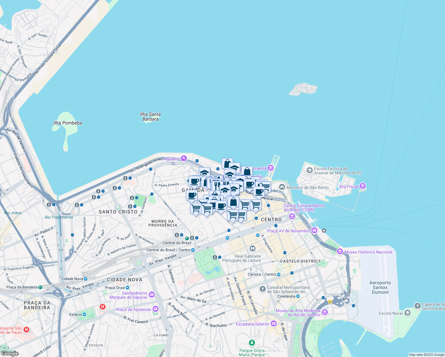 map of restaurants, bars, coffee shops, grocery stores, and more near 27 Avenida Barão de Tefé in Rio de Janeiro