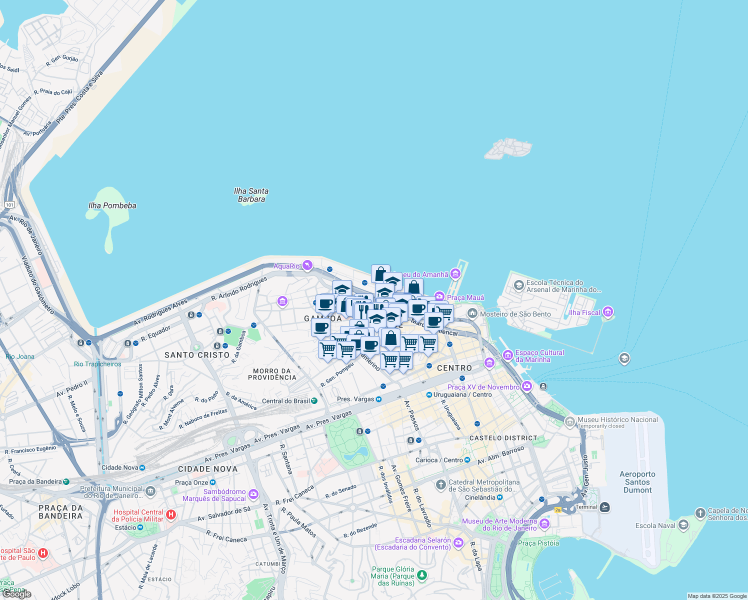 map of restaurants, bars, coffee shops, grocery stores, and more near 27 Avenida Barão de Tefé in Rio de Janeiro