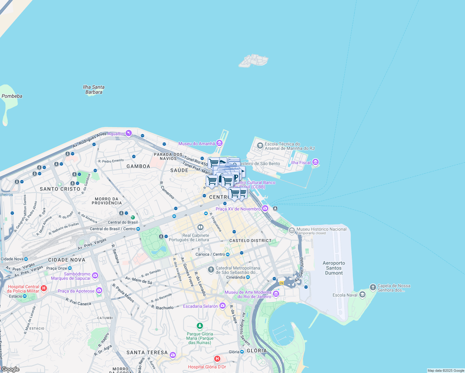 map of restaurants, bars, coffee shops, grocery stores, and more near 65 Rua Candelária in Rio de Janeiro