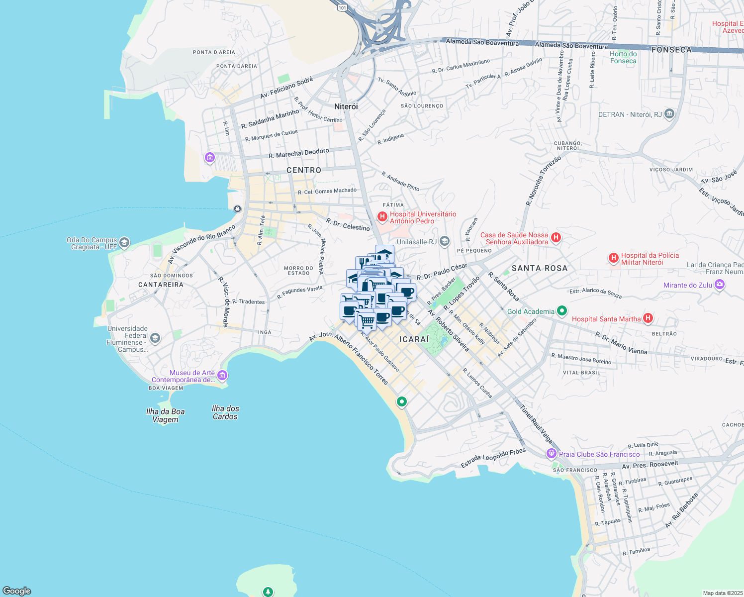 map of restaurants, bars, coffee shops, grocery stores, and more near 8 Rua Gavião Peixoto in Niterói