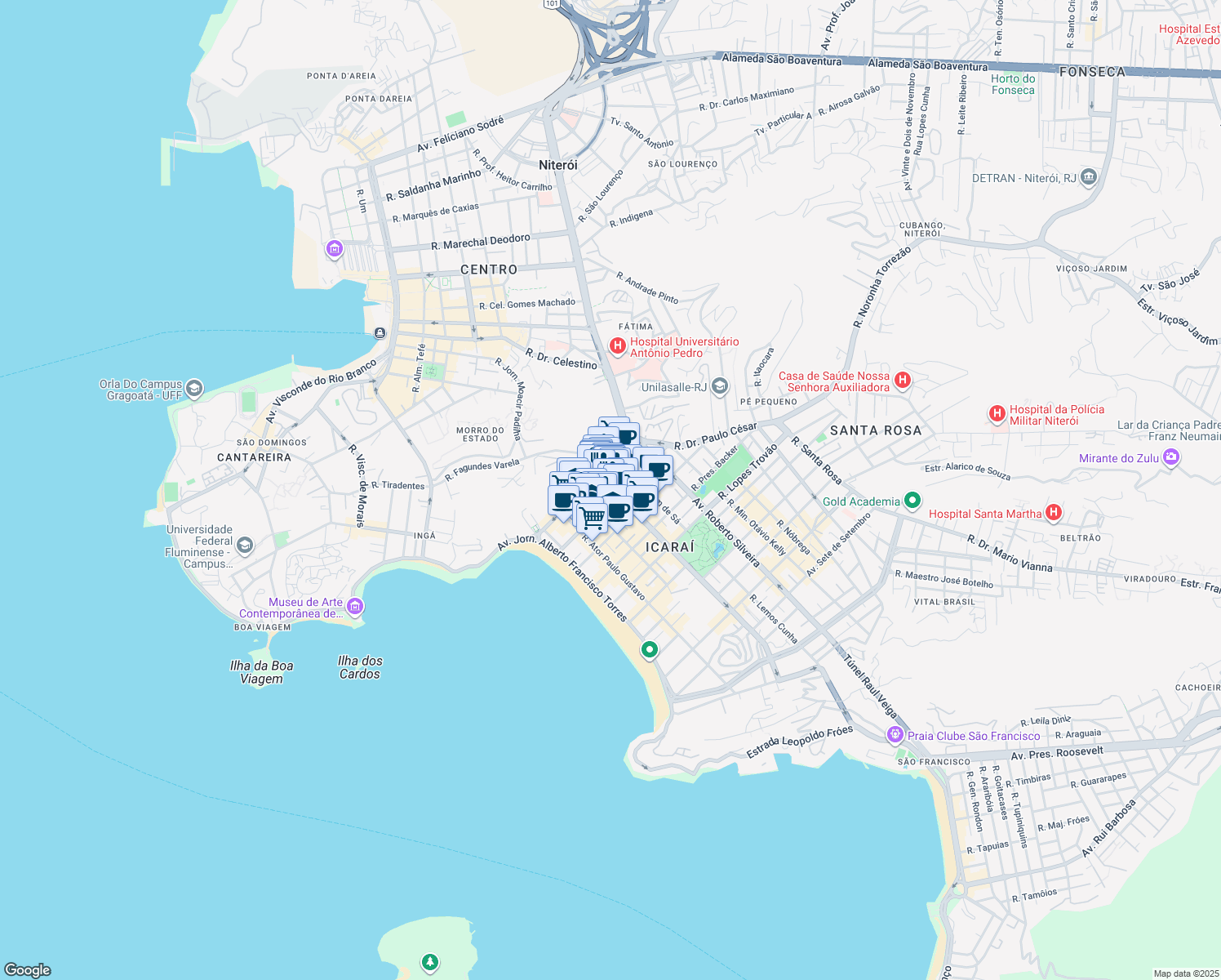 map of restaurants, bars, coffee shops, grocery stores, and more near 8 Rua Gavião Peixoto in Niterói