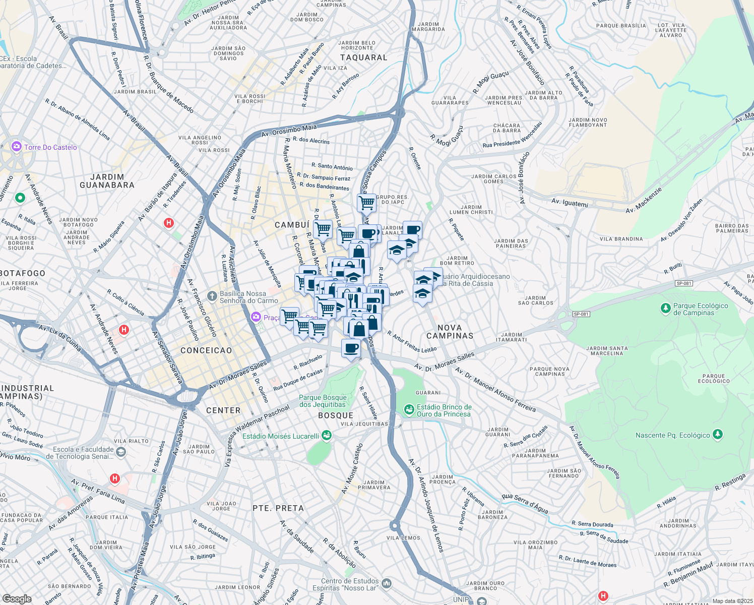 map of restaurants, bars, coffee shops, grocery stores, and more near 25 Rua Odila Maia Rocha Brito in Campinas