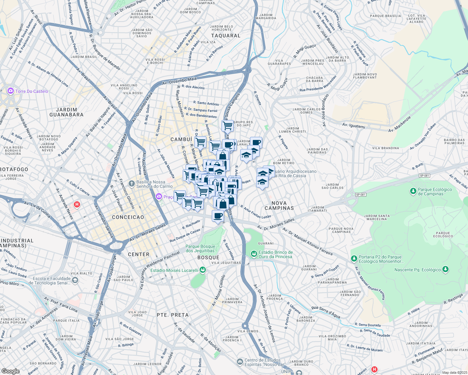 map of restaurants, bars, coffee shops, grocery stores, and more near 25 Rua Odila Maia Rocha Brito in Campinas