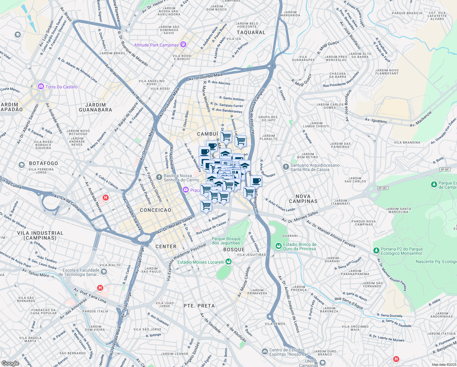 map of restaurants, bars, coffee shops, grocery stores, and more near 227 Rua Maria Monteiro in Campinas