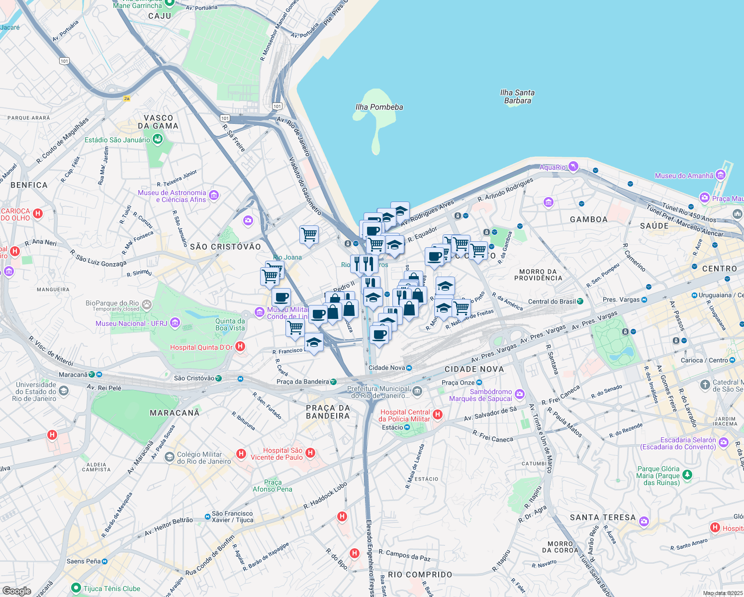 map of restaurants, bars, coffee shops, grocery stores, and more near 288 Avenida Francisco Bicalho in Rio de Janeiro
