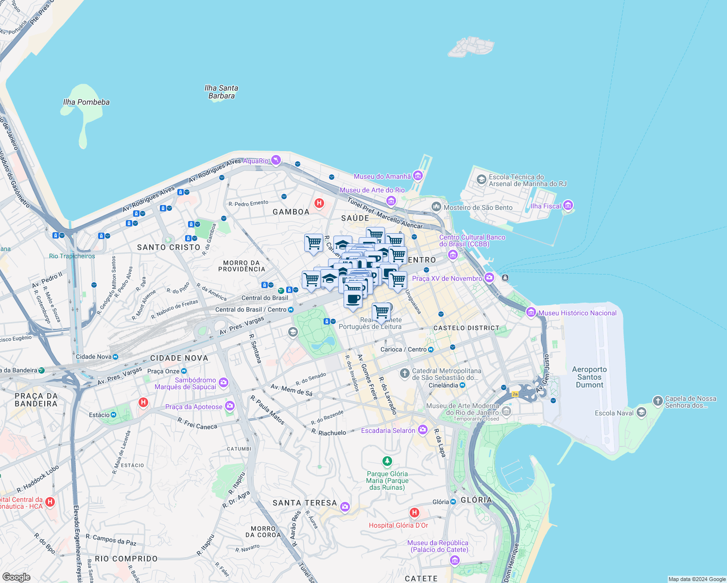 map of restaurants, bars, coffee shops, grocery stores, and more near 955 Avenida Presidente Vargas in Rio de Janeiro