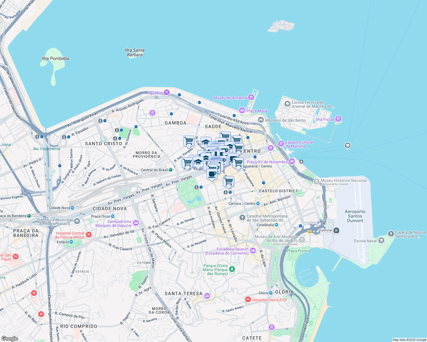 map of restaurants, bars, coffee shops, grocery stores, and more near 1001 Avenida Presidente Vargas in Rio de Janeiro