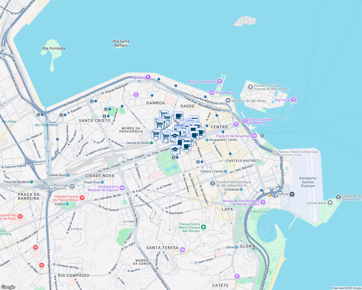 map of restaurants, bars, coffee shops, grocery stores, and more near 1001 Avenida Presidente Vargas in Rio de Janeiro
