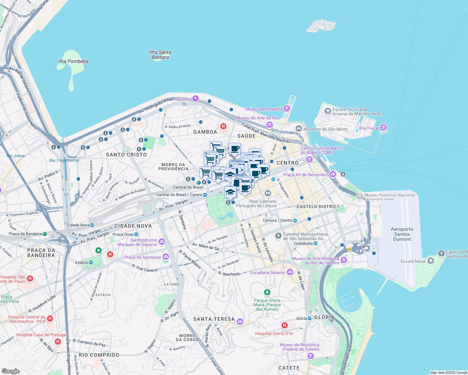 map of restaurants, bars, coffee shops, grocery stores, and more near 1261 Avenida Presidente Vargas in Rio de Janeiro