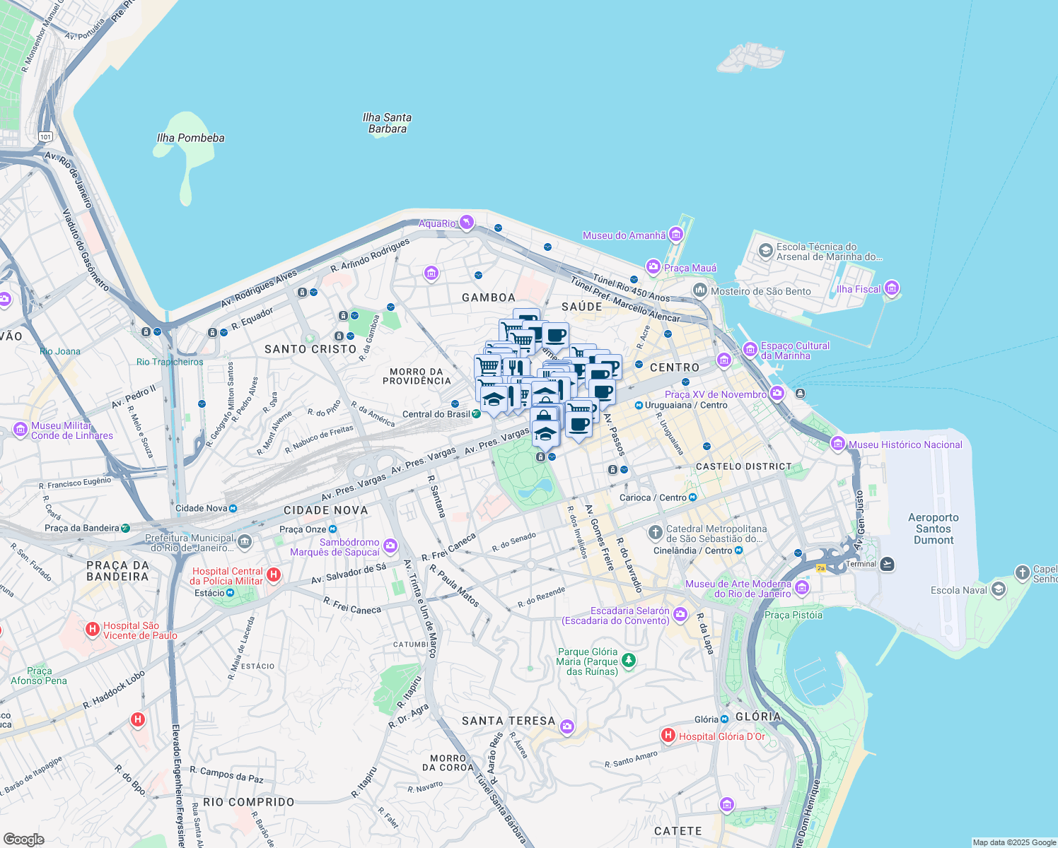 map of restaurants, bars, coffee shops, grocery stores, and more near Avenida Presidente Vargas in Rio de Janeiro