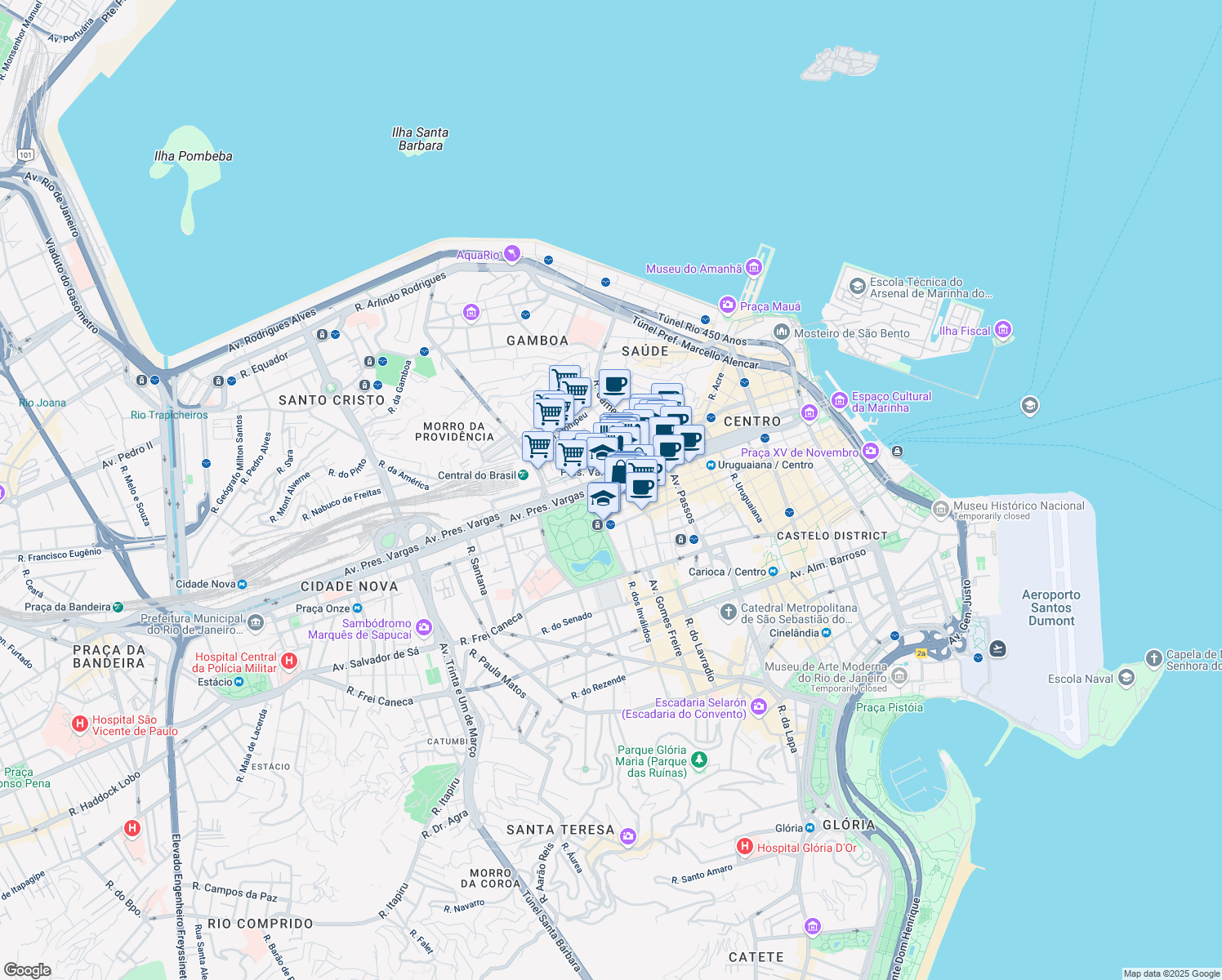 map of restaurants, bars, coffee shops, grocery stores, and more near 1261 Avenida Presidente Vargas in Rio de Janeiro