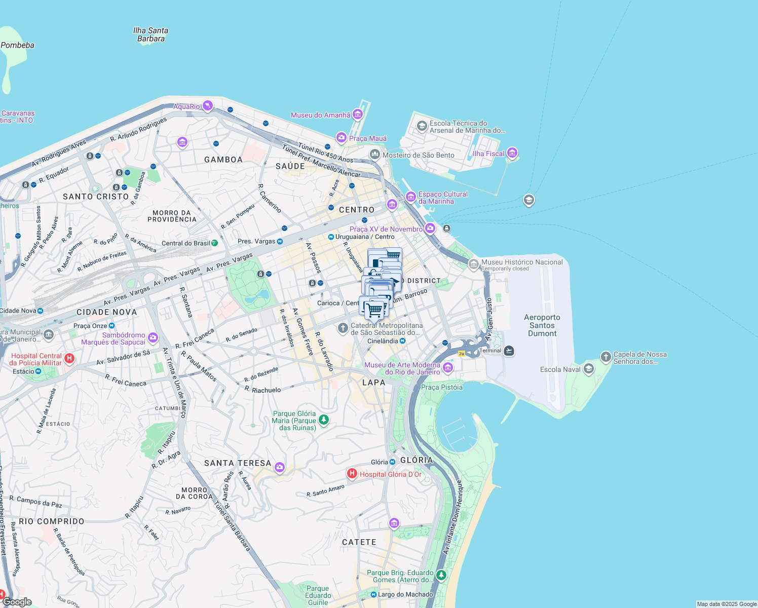 map of restaurants, bars, coffee shops, grocery stores, and more near 100 Avenida República do Chile in Rio de Janeiro