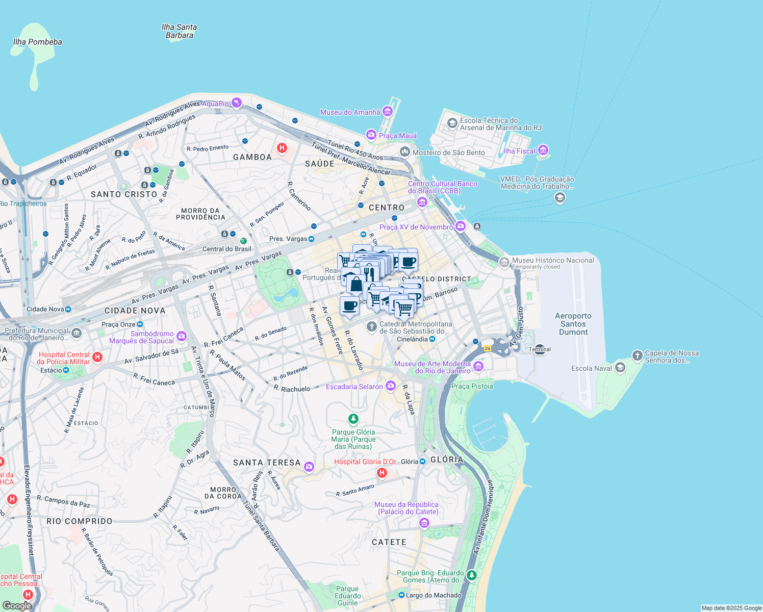 map of restaurants, bars, coffee shops, grocery stores, and more near 100 Avenida República do Chile in Rio de Janeiro