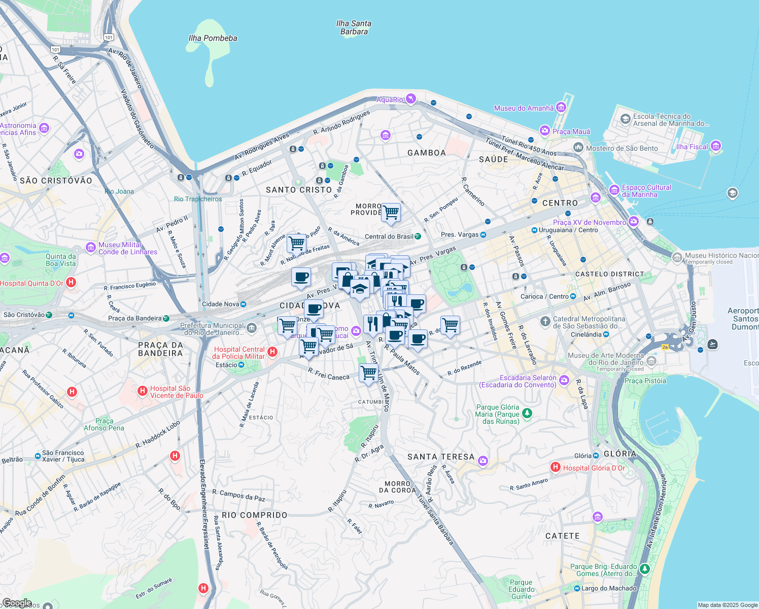 map of restaurants, bars, coffee shops, grocery stores, and more near 75 Rua Marquês de Pombal in Rio de Janeiro