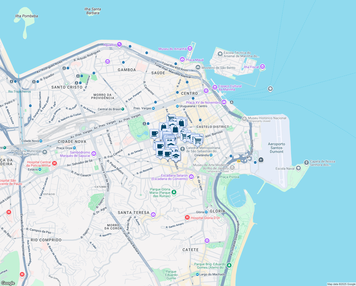 map of restaurants, bars, coffee shops, grocery stores, and more near 300 Avenida República do Chile in Rio de Janeiro