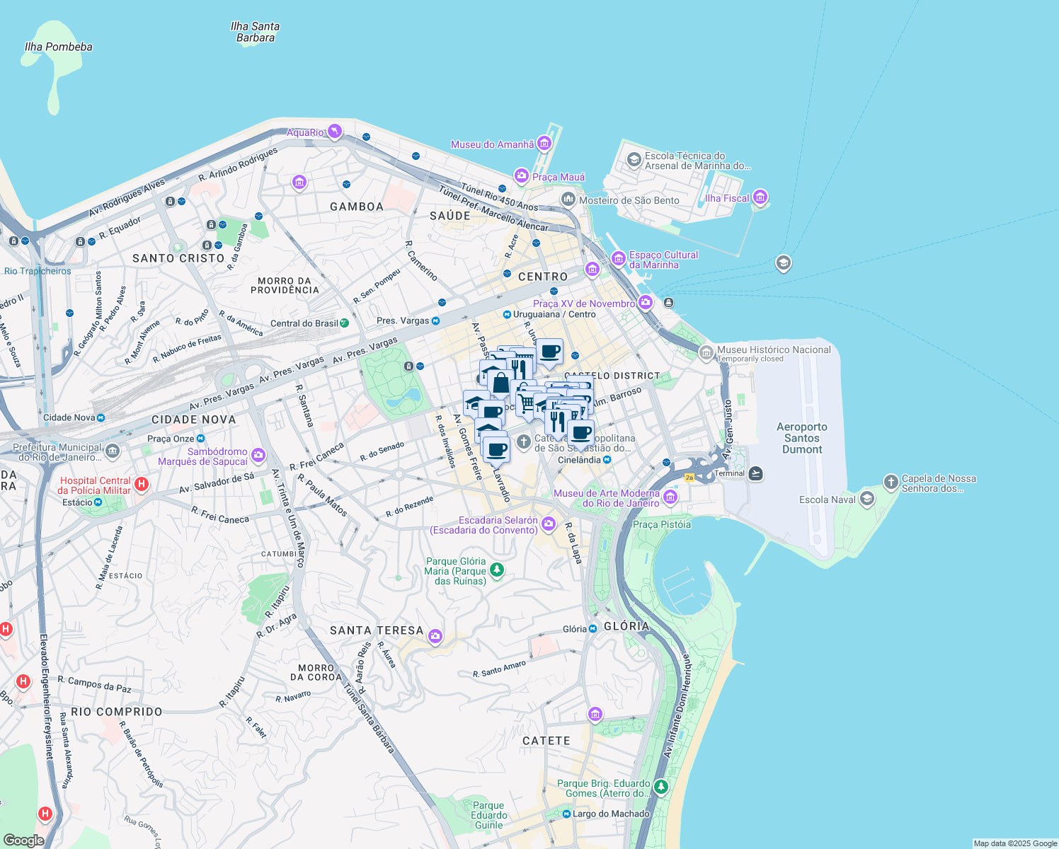 map of restaurants, bars, coffee shops, grocery stores, and more near 300 Avenida República do Chile in Rio de Janeiro