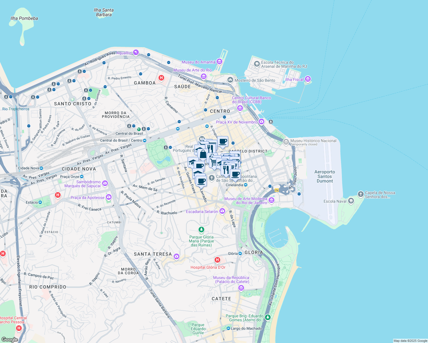 map of restaurants, bars, coffee shops, grocery stores, and more near Avenida República do Chile in Rio de Janeiro