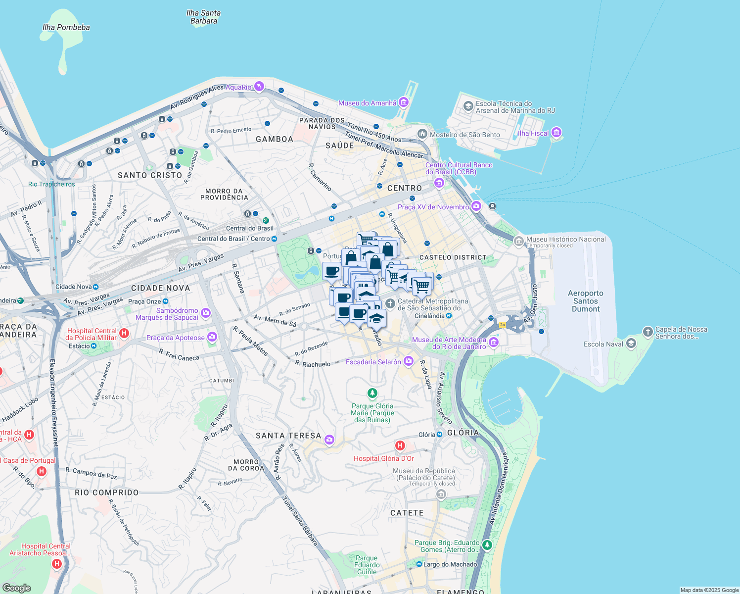 map of restaurants, bars, coffee shops, grocery stores, and more near 500 Avenida República do Chile in Rio de Janeiro