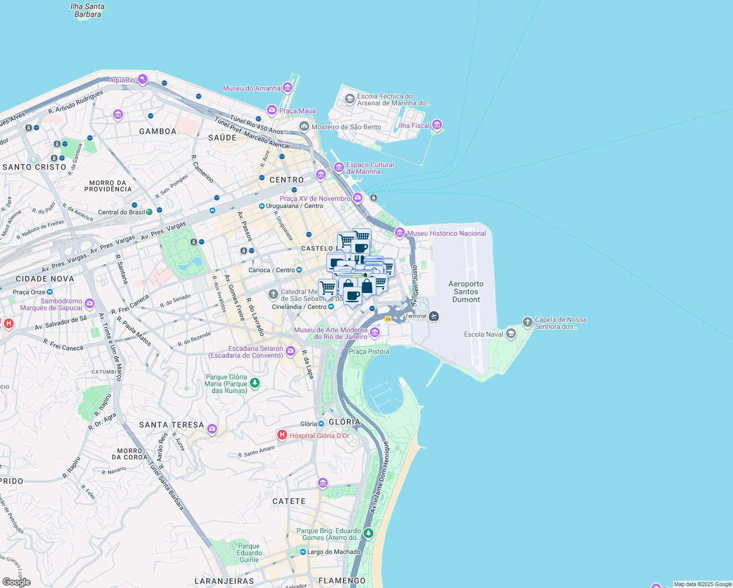 map of restaurants, bars, coffee shops, grocery stores, and more near 231 Avenida Presidente Wilson in Rio de Janeiro