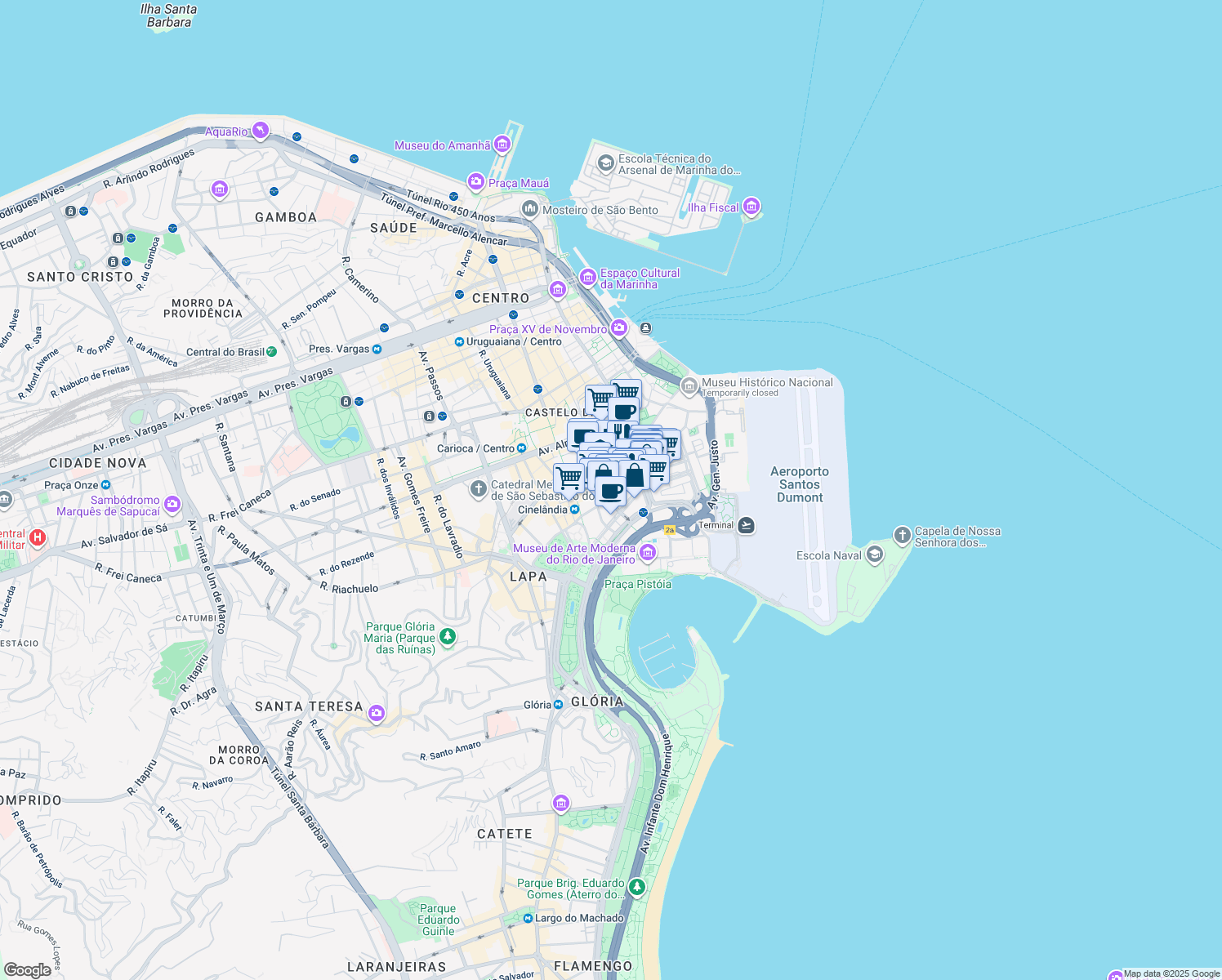 map of restaurants, bars, coffee shops, grocery stores, and more near 26 Avenida Graça Aranha in Rio de Janeiro