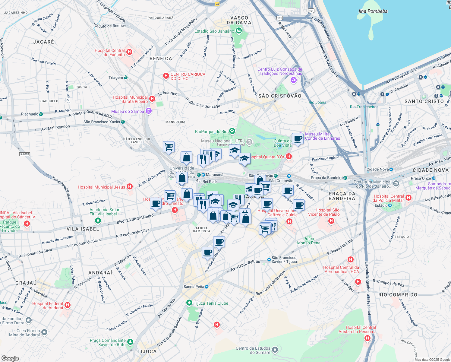 map of restaurants, bars, coffee shops, grocery stores, and more near Avenida Presidente Castelo Branco in Rio de Janeiro