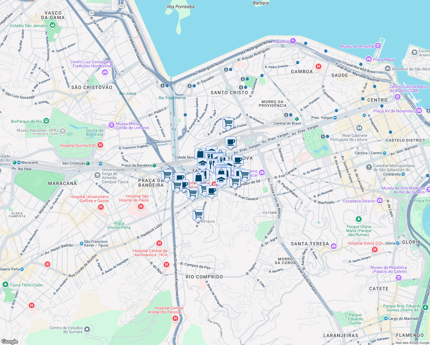 map of restaurants, bars, coffee shops, grocery stores, and more near Rua Visconde de Duprat in Rio de Janeiro