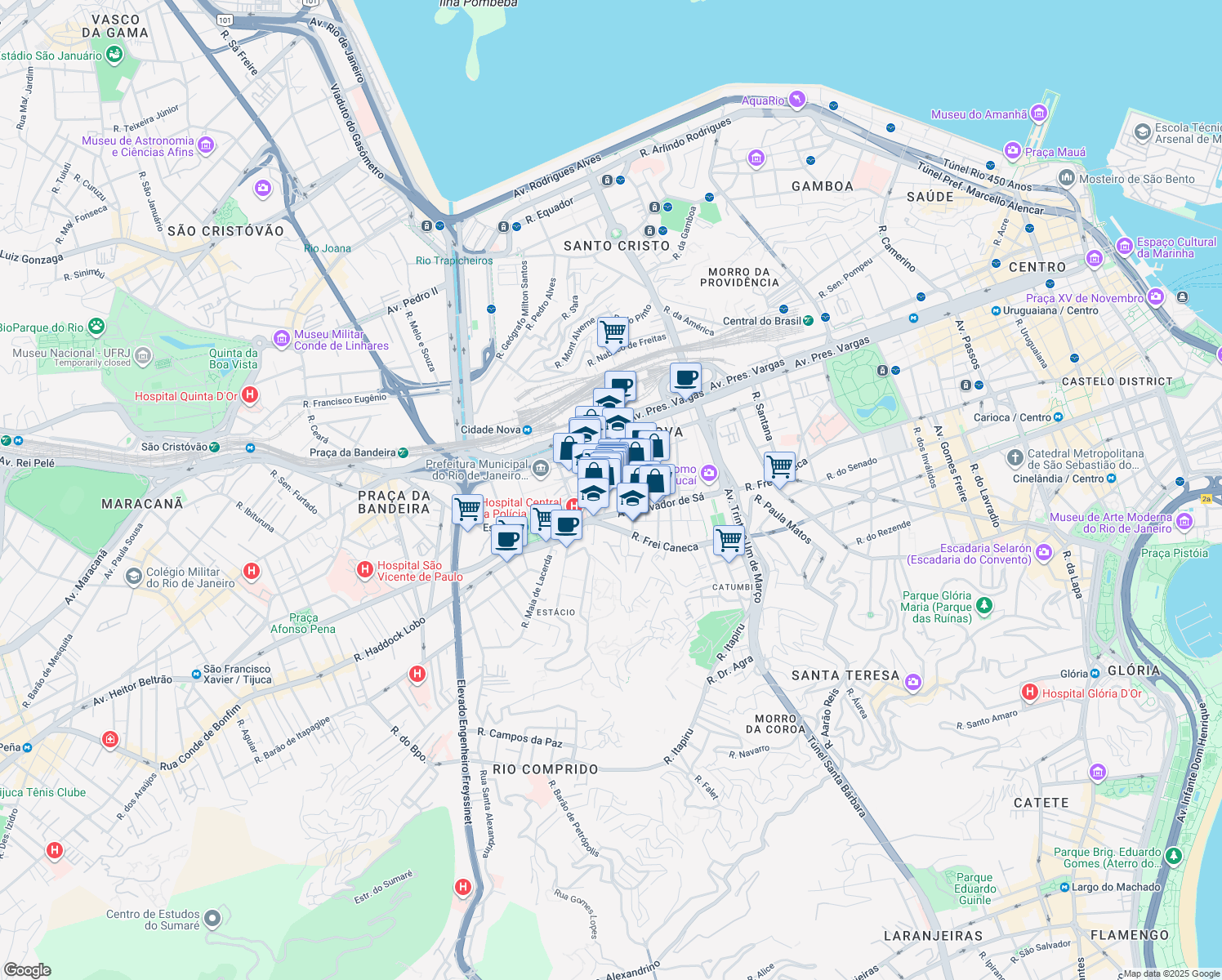 map of restaurants, bars, coffee shops, grocery stores, and more near Rua Correia Vasques in Rio de Janeiro