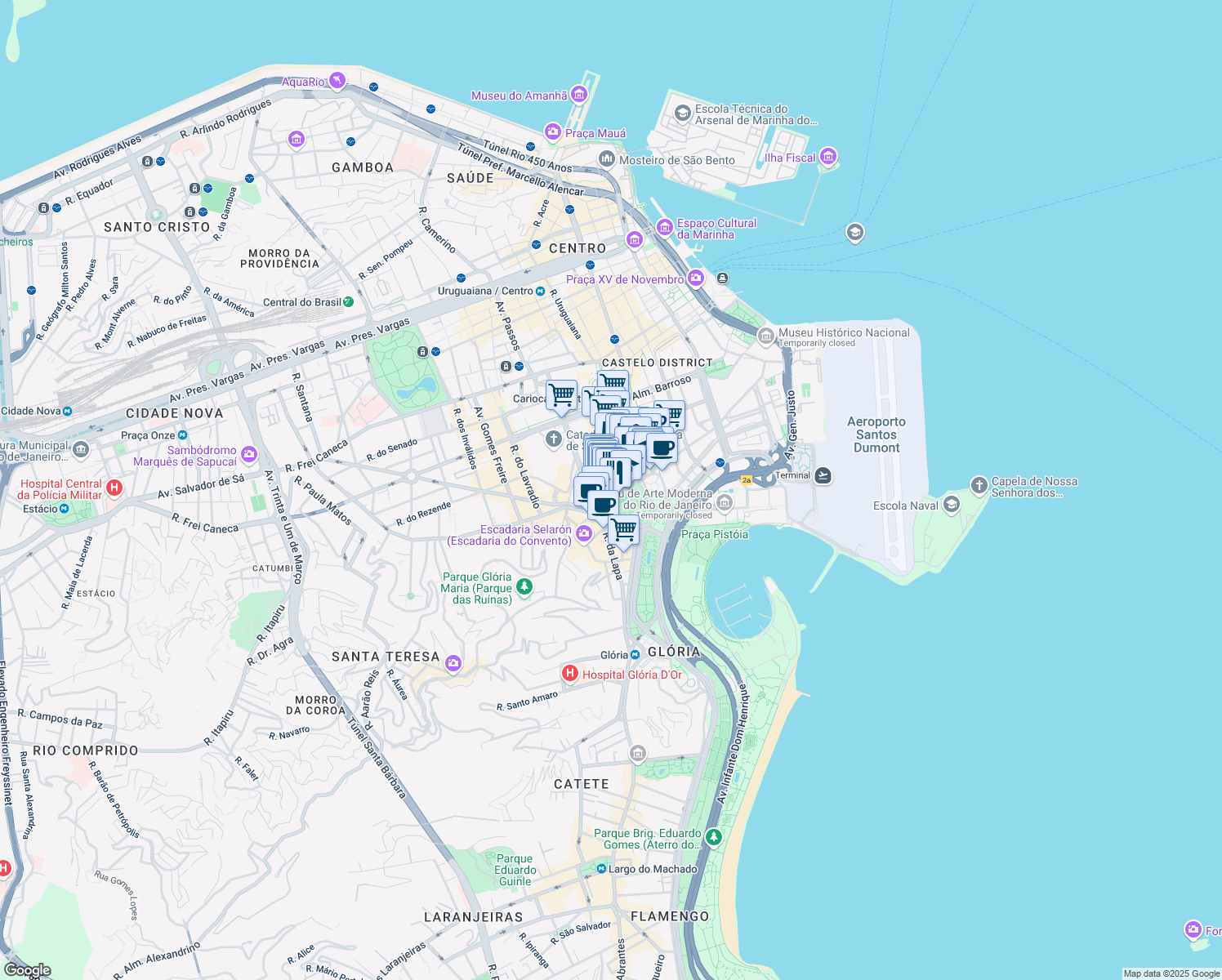 map of restaurants, bars, coffee shops, grocery stores, and more near 18 Rua das Marrecas in Rio de Janeiro