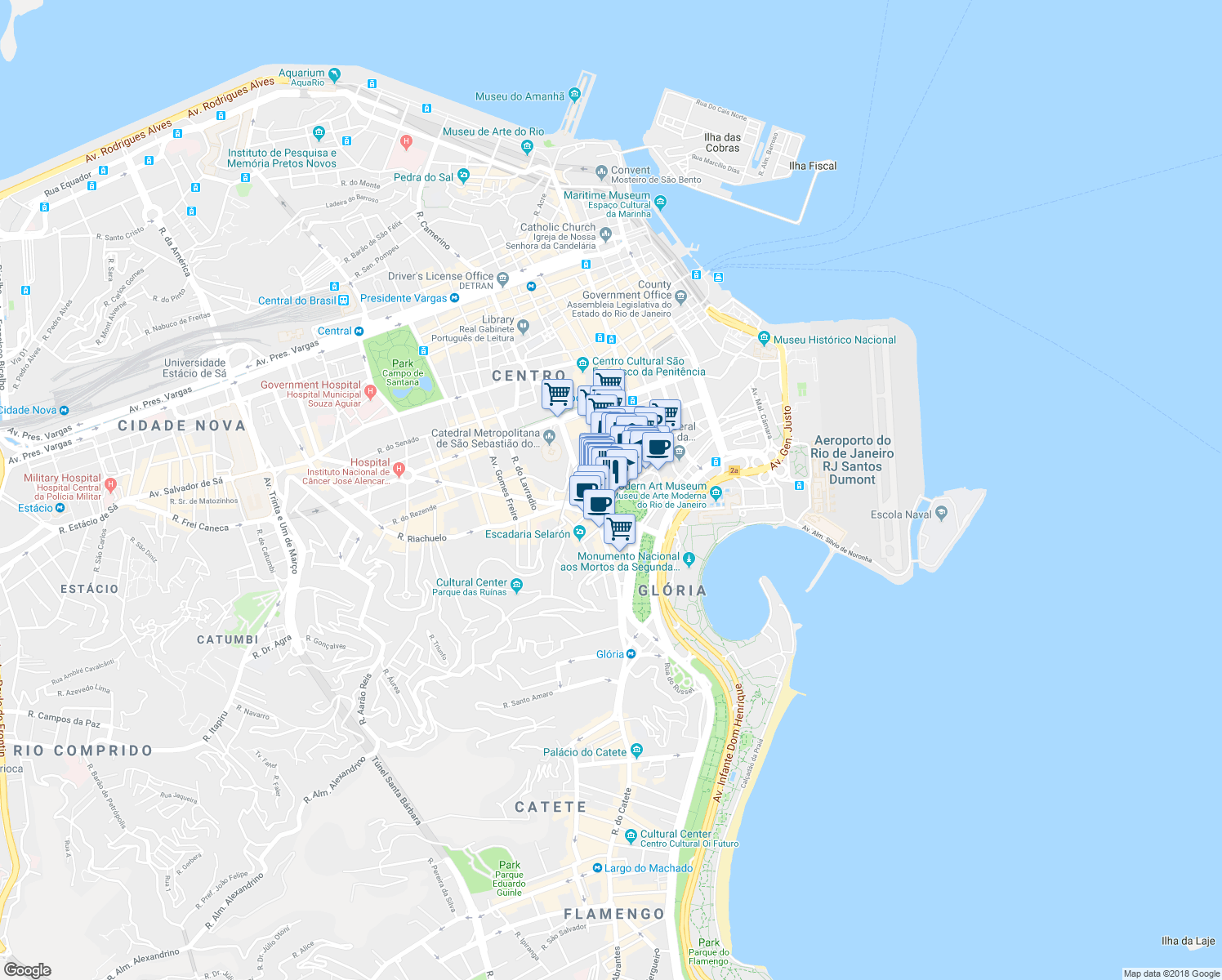 map of restaurants, bars, coffee shops, grocery stores, and more near 18 Rua das Marrecas in Rio de Janeiro