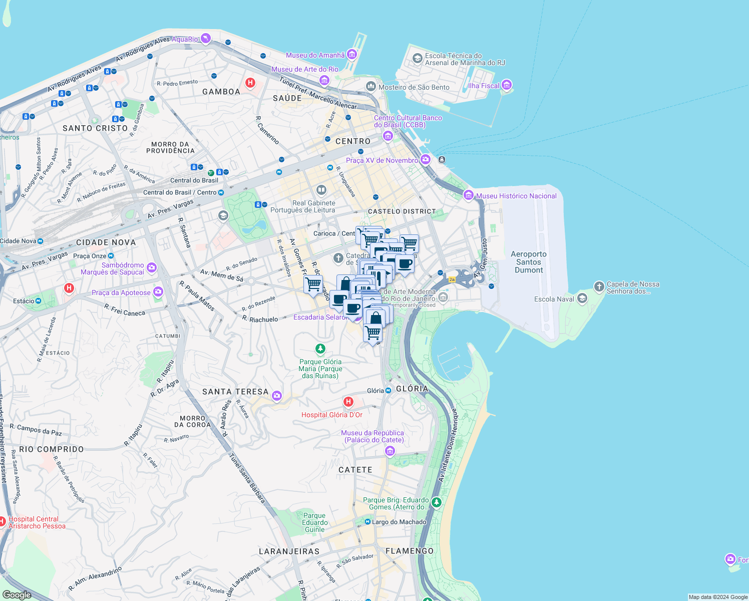 map of restaurants, bars, coffee shops, grocery stores, and more near 78 Rua do Passeio in Rio de Janeiro