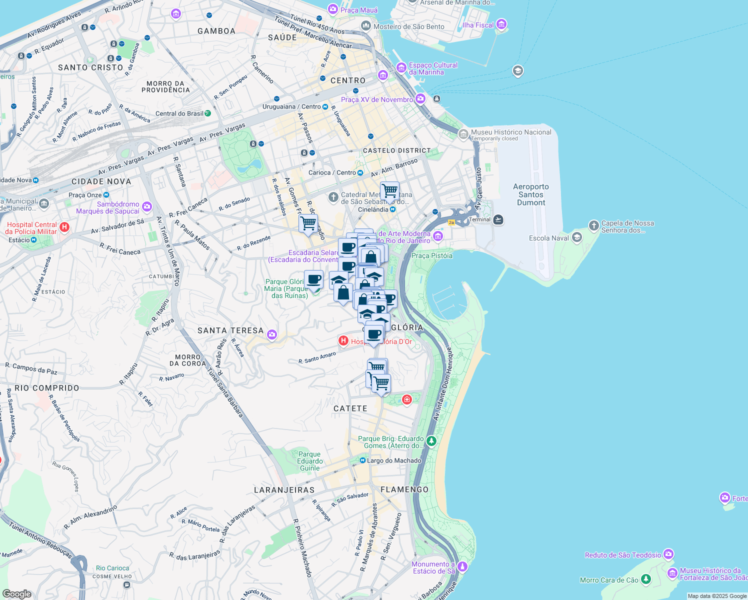 map of restaurants, bars, coffee shops, grocery stores, and more near 122 Rua da Glória in Rio de Janeiro