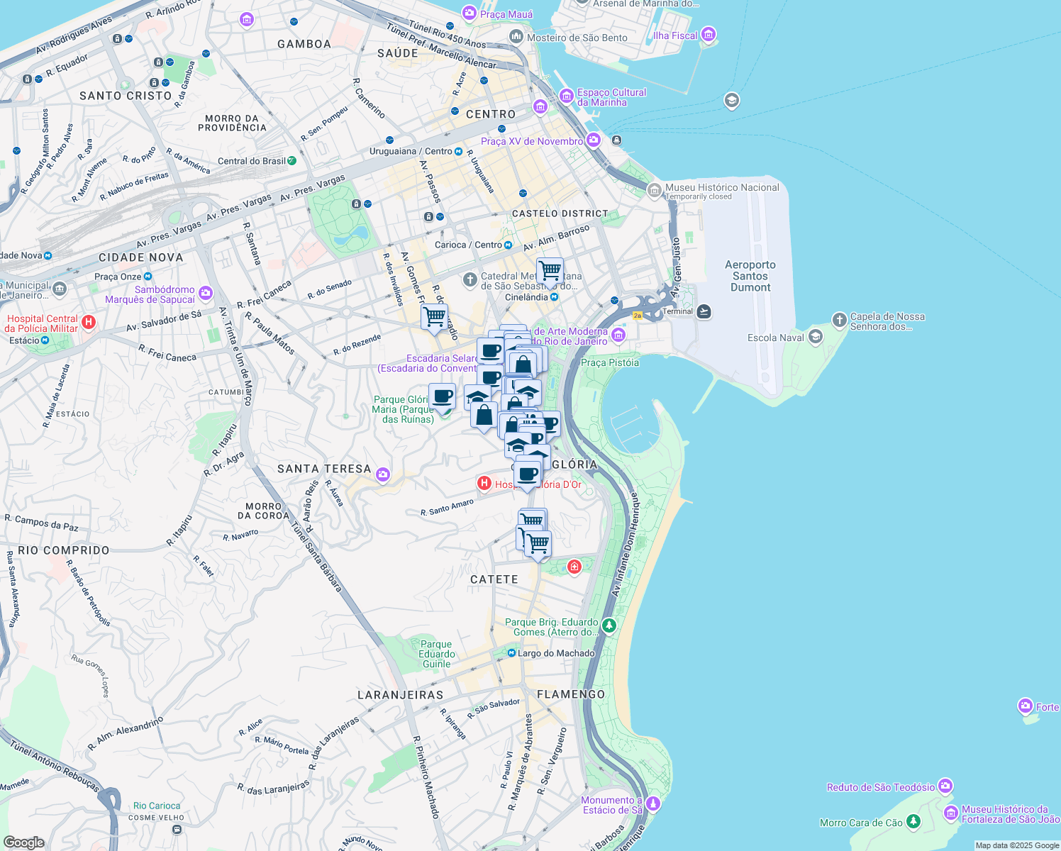 map of restaurants, bars, coffee shops, grocery stores, and more near 122 Rua da Glória in Rio de Janeiro