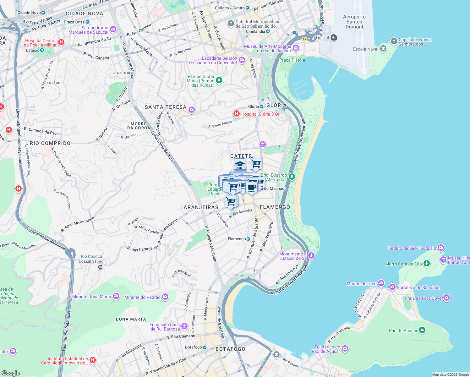 map of restaurants, bars, coffee shops, grocery stores, and more near 52 Rua Gago Coutinho in Rio de Janeiro