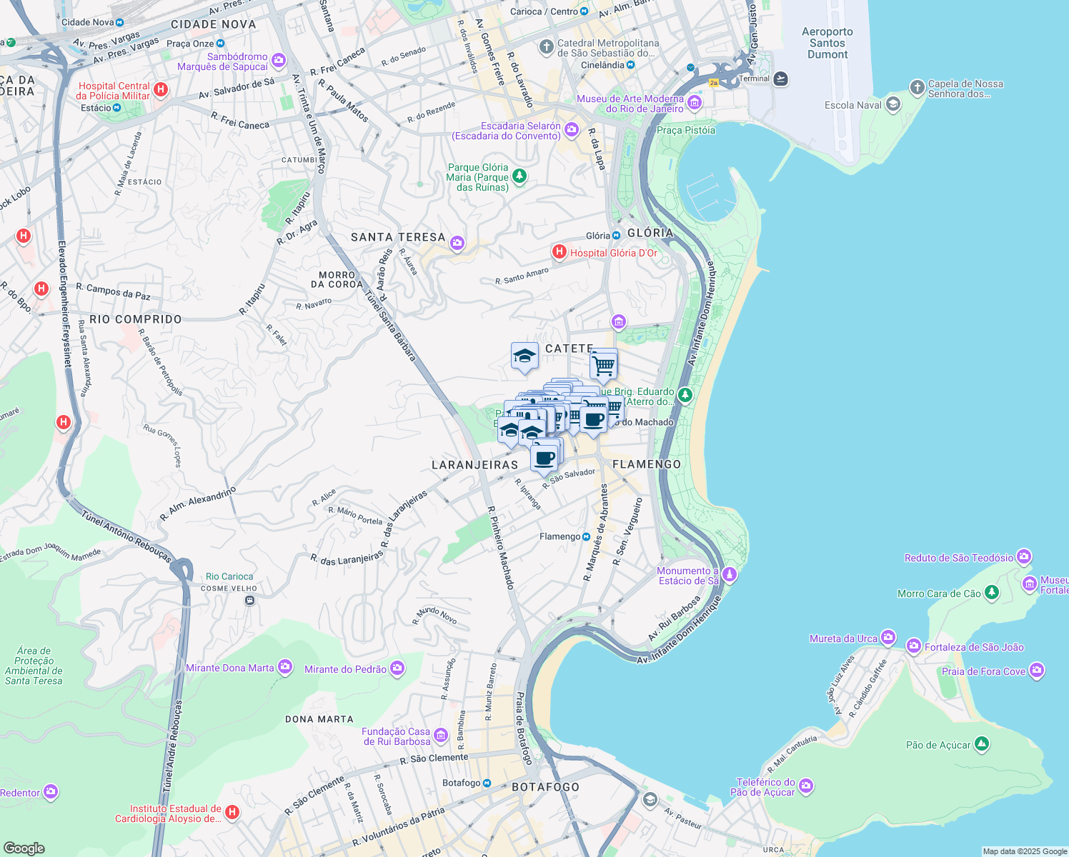 map of restaurants, bars, coffee shops, grocery stores, and more near 52 Rua Gago Coutinho in Rio de Janeiro