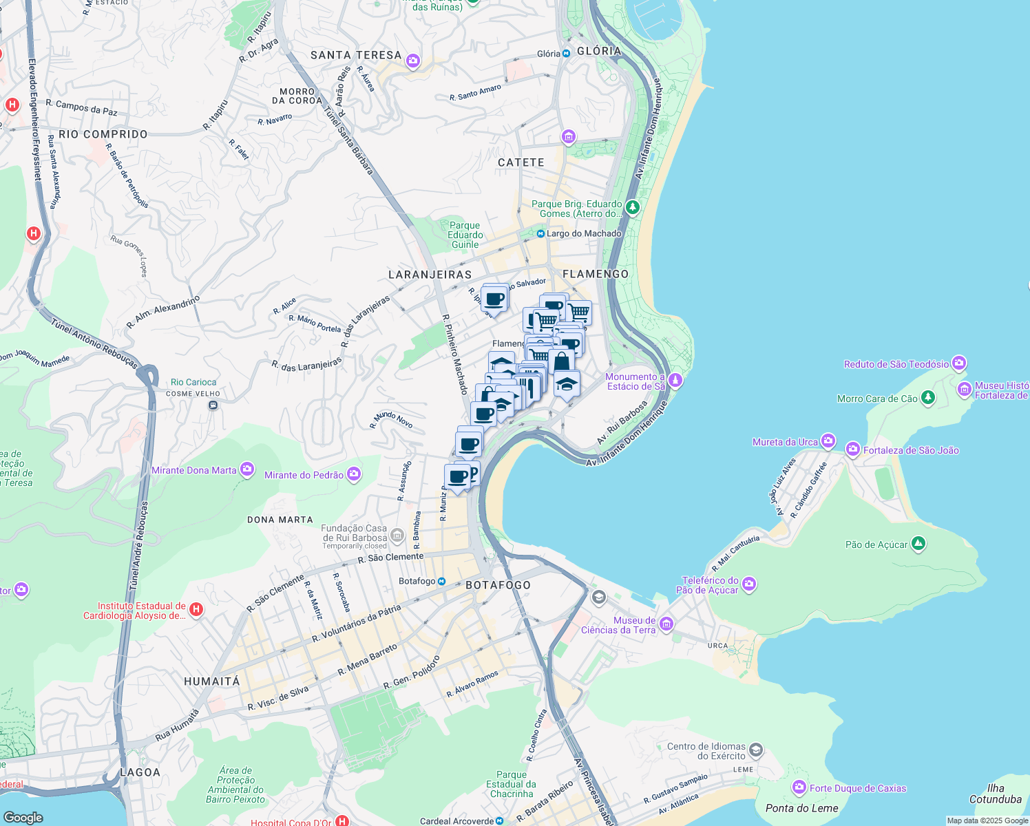 map of restaurants, bars, coffee shops, grocery stores, and more near 186 Praia de Botafogo in Rio de Janeiro