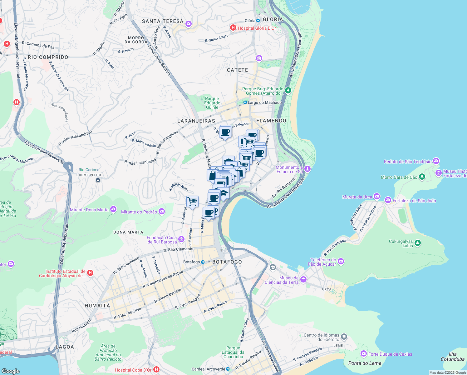 map of restaurants, bars, coffee shops, grocery stores, and more near 186 Praia de Botafogo in Rio de Janeiro
