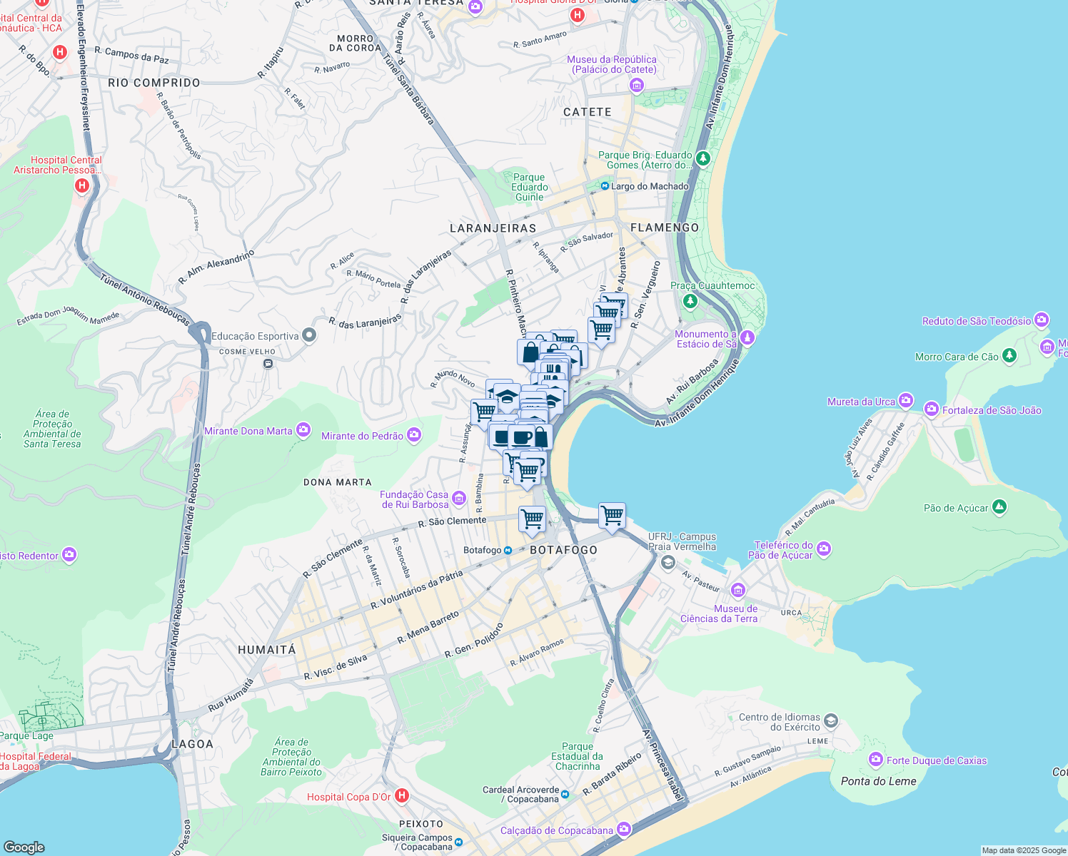 map of restaurants, bars, coffee shops, grocery stores, and more near 300 Praia de Botafogo in Rio de Janeiro