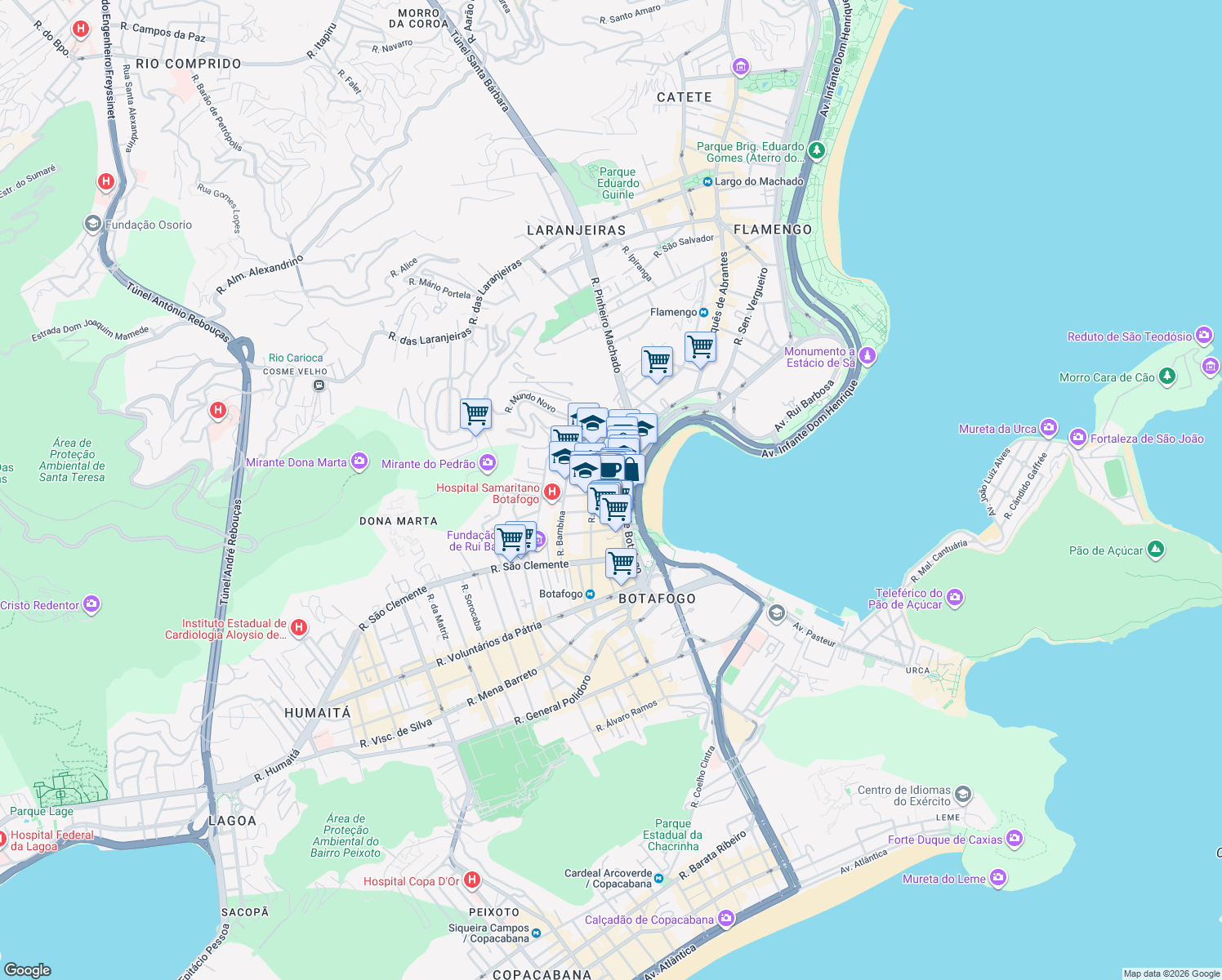 map of restaurants, bars, coffee shops, grocery stores, and more near 340 Praia de Botafogo in Rio de Janeiro
