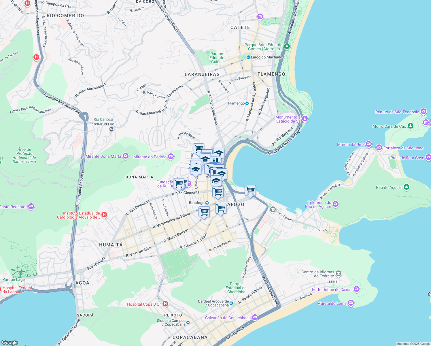 map of restaurants, bars, coffee shops, grocery stores, and more near 374 Praia de Botafogo in Rio de Janeiro