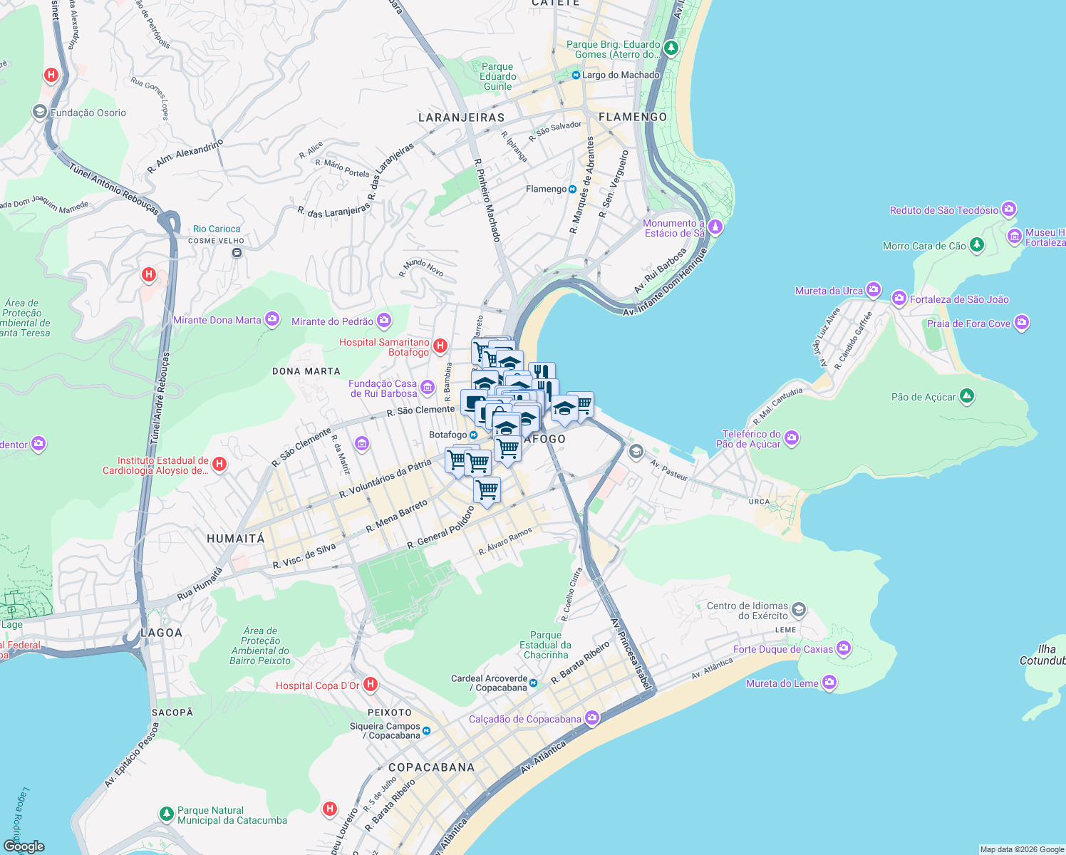 map of restaurants, bars, coffee shops, grocery stores, and more near 501 Praia de Botafogo in Rio de Janeiro